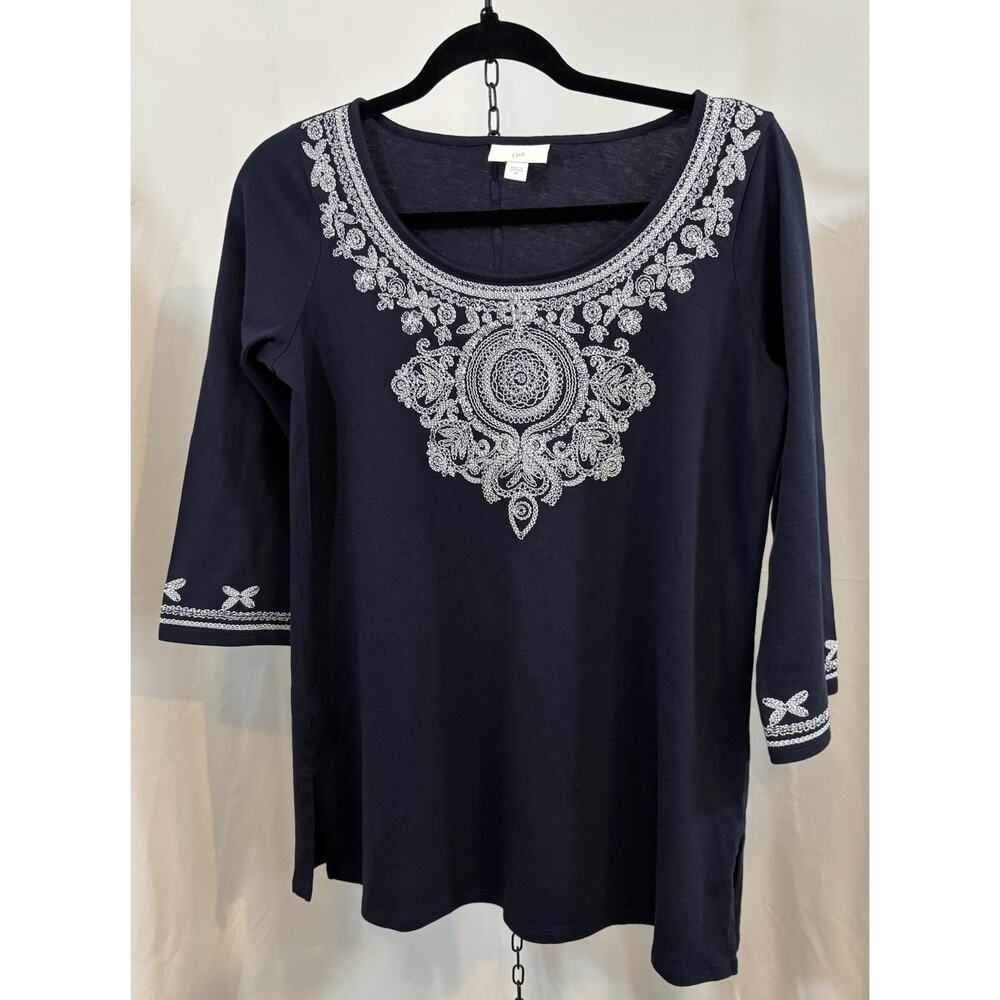🔥SALE🔥 J. Jill Top Women’s XS Navy Blue Embroidered Mandala Tunic Boho Peasant